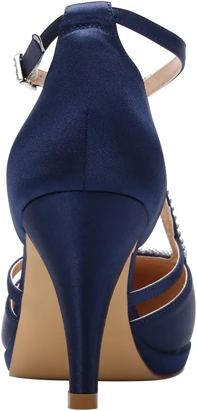 ERIJUNOR Women Comfort Low Heel Closed-Toe Ankle Strap Platform Satin Bridal Wedding Shoes