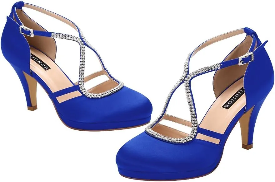 ERIJUNOR Women Comfort Low Heel Closed-Toe Ankle Strap Platform Satin Bridal Wedding Shoes