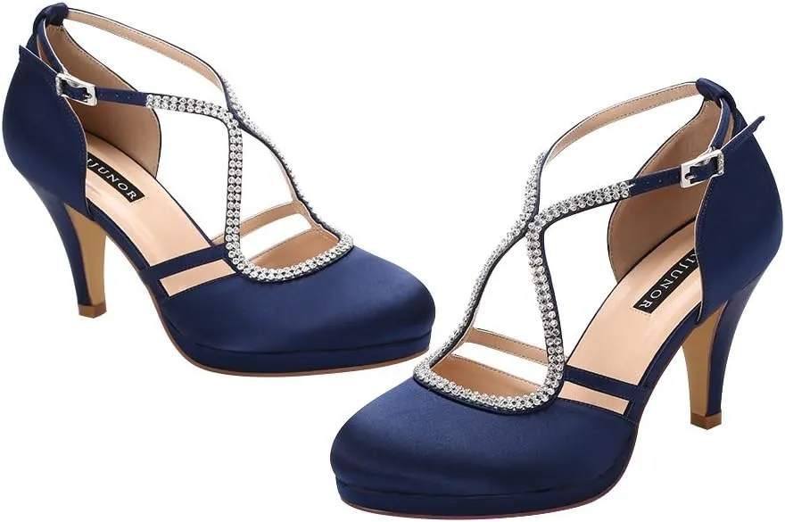 ERIJUNOR Women Comfort Low Heel Closed-Toe Ankle Strap Platform Satin Bridal Wedding Shoes
