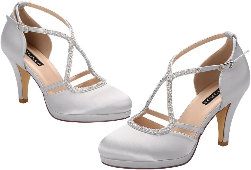 ERIJUNOR Women Comfort Low Heel Closed-Toe Ankle Strap Platform Satin Bridal Wedding Shoes