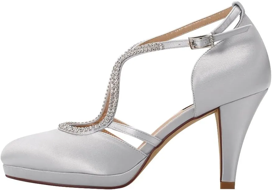 ERIJUNOR Women Comfort Low Heel Closed-Toe Ankle Strap Platform Satin Bridal Wedding Shoes