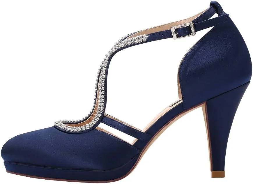 ERIJUNOR Women Comfort Low Heel Closed-Toe Ankle Strap Platform Satin Bridal Wedding Shoes
