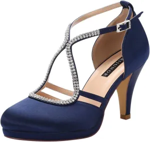 ERIJUNOR Women Comfort Low Heel Closed-Toe Ankle Strap Platform Satin Bridal Wedding Shoes