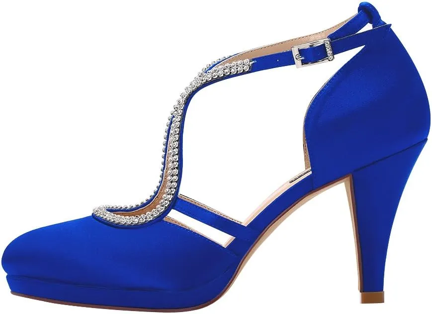 ERIJUNOR Women Comfort Low Heel Closed-Toe Ankle Strap Platform Satin Bridal Wedding Shoes