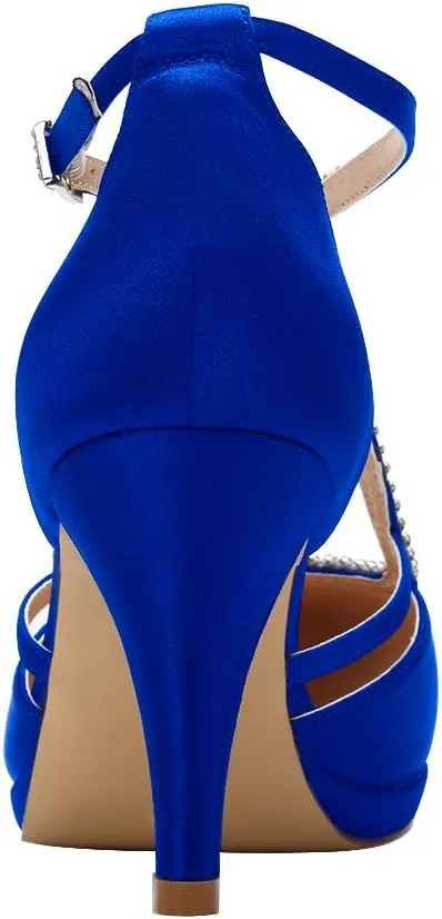 ERIJUNOR Women Comfort Low Heel Closed-Toe Ankle Strap Platform Satin Bridal Wedding Shoes