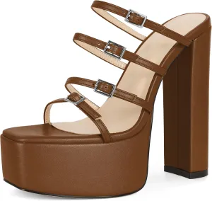 Esvowido Platform Chunky Heels for Women Square Open Toe Adjustable Straps Platform Mule Sandals with High Heel for Party Prom Wedding
