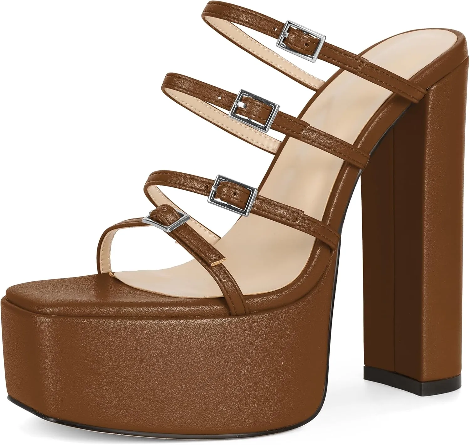 Esvowido Platform Chunky Heels for Women Square Open Toe Adjustable Straps Platform Mule Sandals with High Heel for Party Prom Wedding