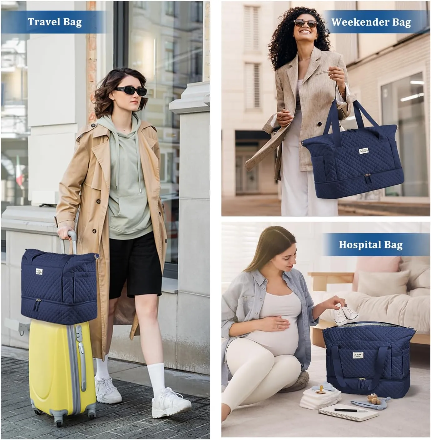 ETRONIK Travel Bag for Women, Gym Duffel Bag with Shoes Compartment, Weekender Overnight Bag with Wet Pocket for Women Travel Gym Daily Use (Dark Blue)