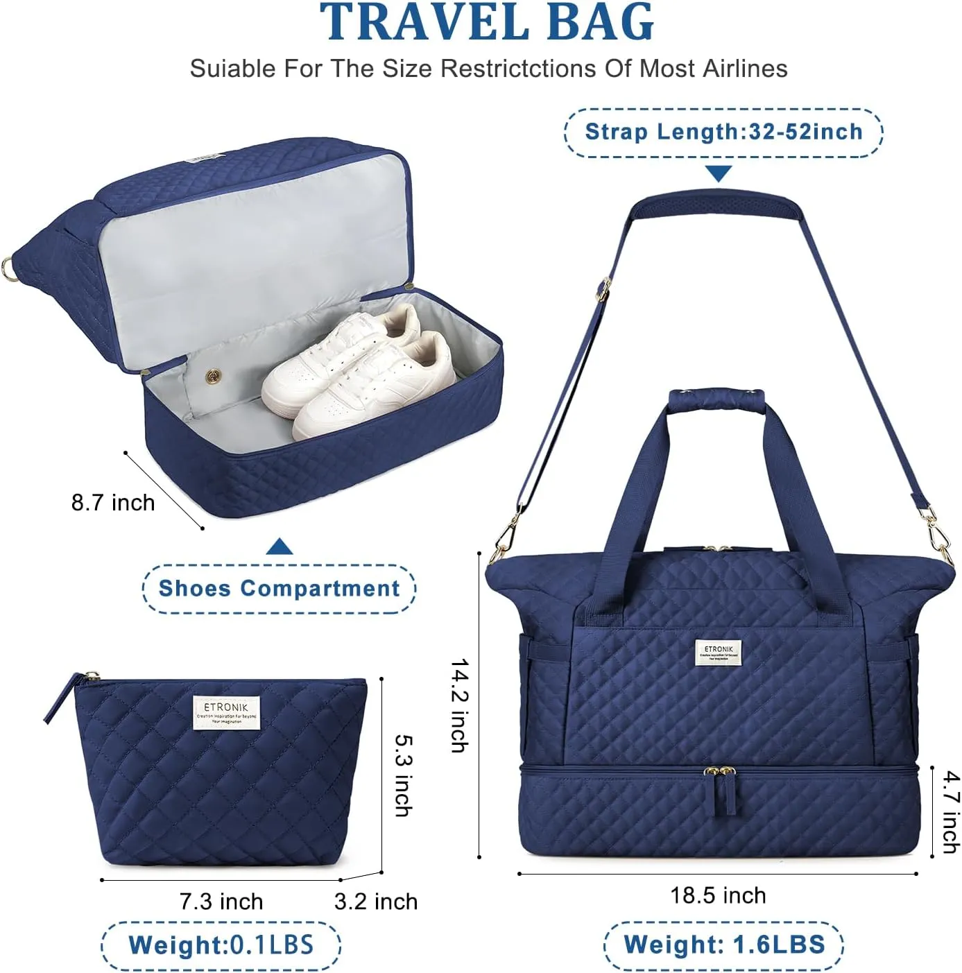 ETRONIK Travel Bag for Women, Gym Duffel Bag with Shoes Compartment, Weekender Overnight Bag with Wet Pocket for Women Travel Gym Daily Use (Dark Blue)