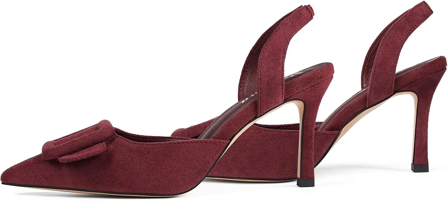 Fericzot Slingback Kitten Heels for Women,Sling Back Buckle Pumps Pointed Toe Kitten Heels Suede Wedding Party Shoes