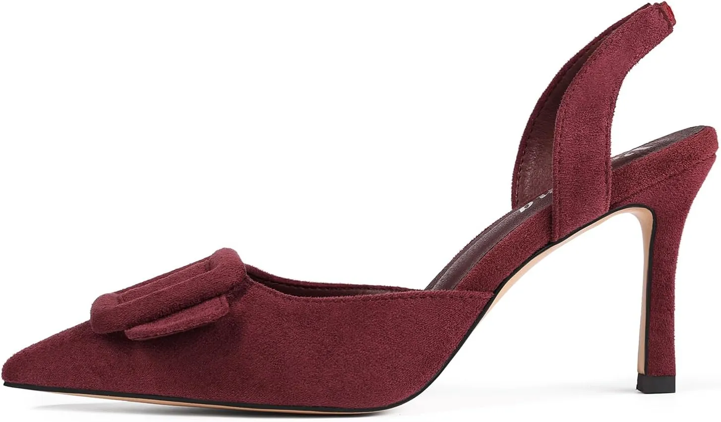 Fericzot Slingback Kitten Heels for Women,Sling Back Buckle Pumps Pointed Toe Kitten Heels Suede Wedding Party Shoes