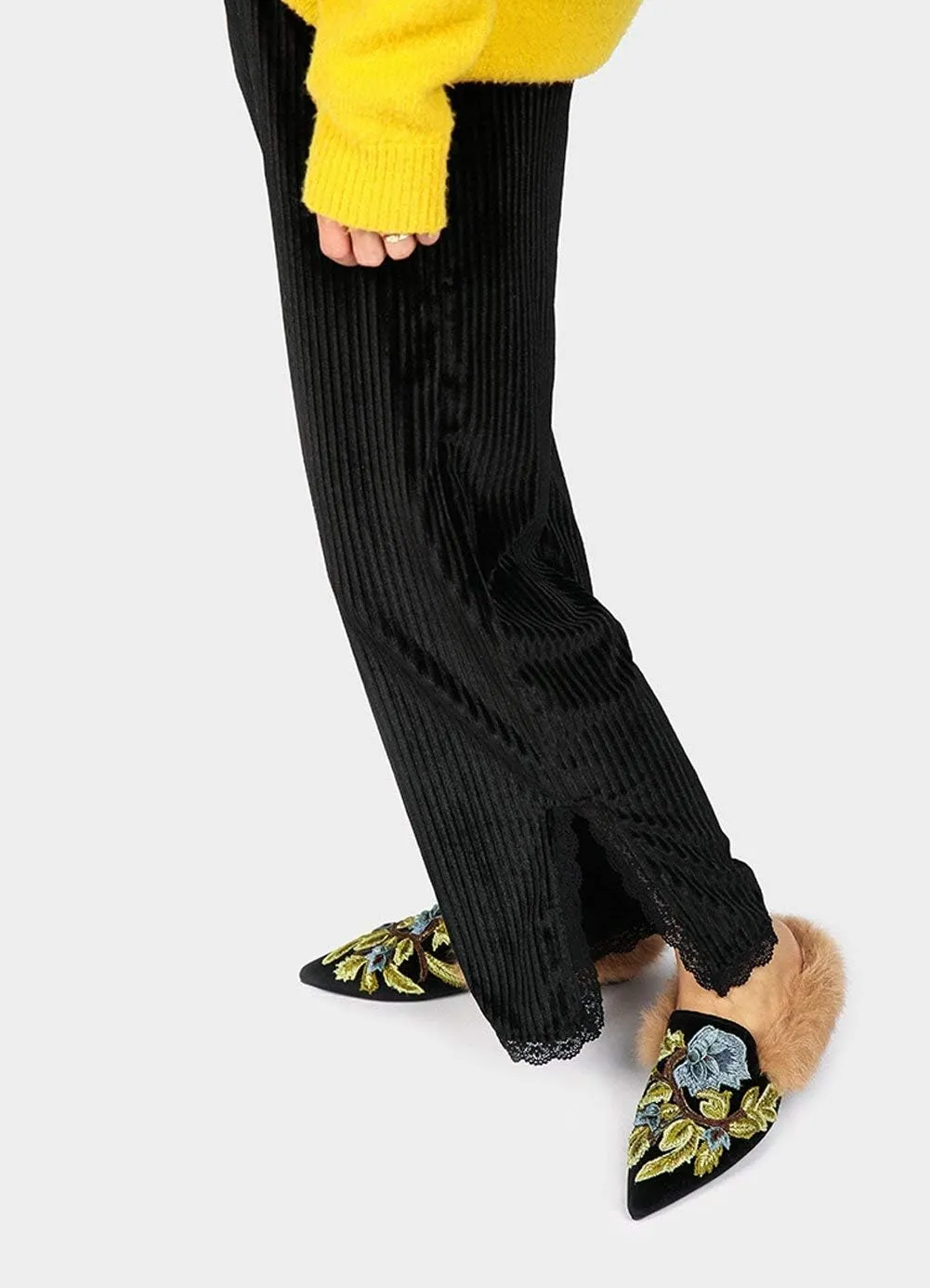Fericzot Slip On Loafers Womens Embroidery Mule Shoes with Plush Lamb Fur Velvet Slippers Backless Pointed Toe Mule Slides