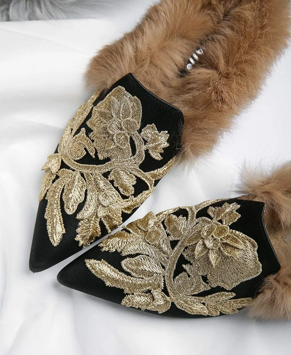 Fericzot Slip On Loafers Womens Embroidery Mule Shoes with Plush Lamb Fur Velvet Slippers Backless Pointed Toe Mule Slides