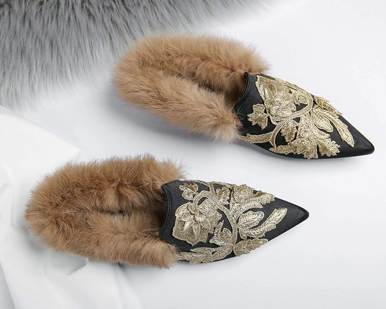 Fericzot Slip On Loafers Womens Embroidery Mule Shoes with Plush Lamb Fur Velvet Slippers Backless Pointed Toe Mule Slides
