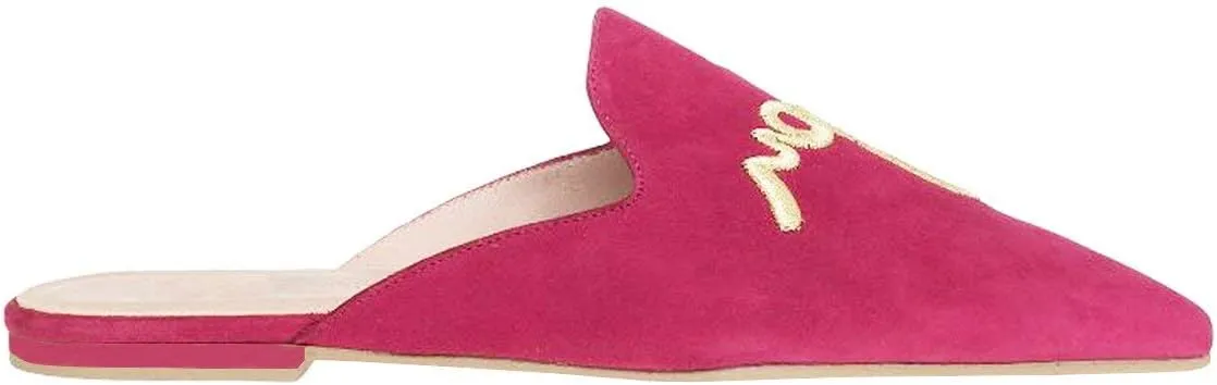 Fericzot Women's Velvet Backless Pointed Toe Slip On Loafers Flats Embroidery Mule Slippers Shoes