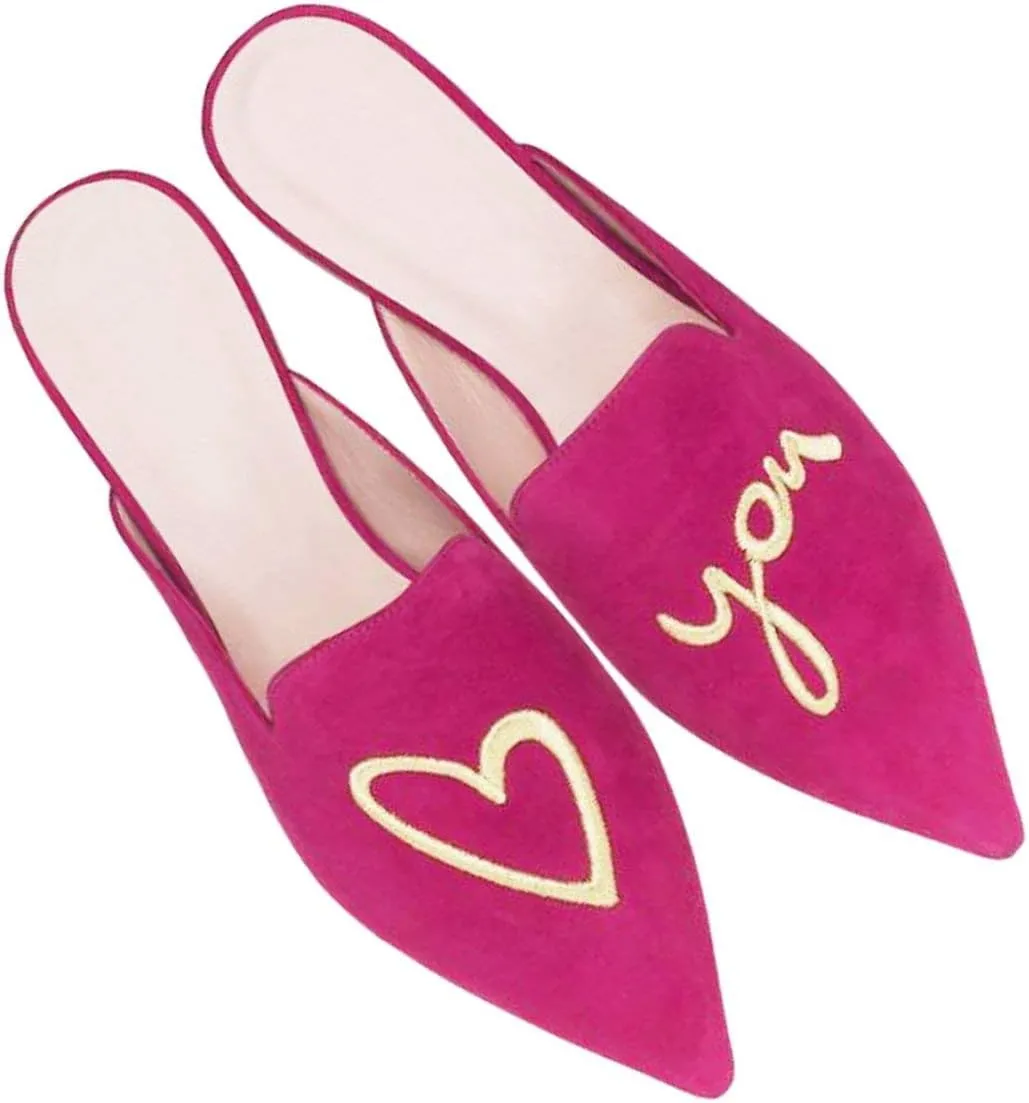 Fericzot Women's Velvet Backless Pointed Toe Slip On Loafers Flats Embroidery Mule Slippers Shoes
