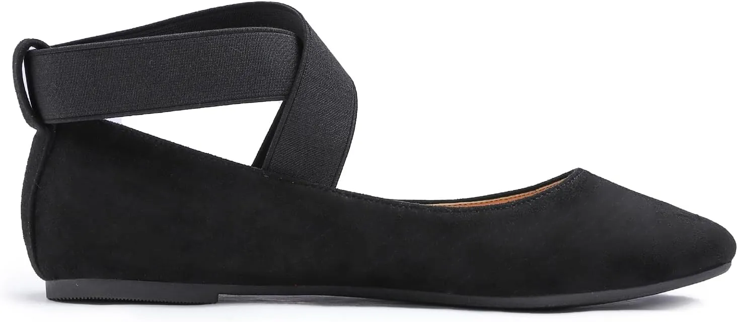 FEVERSOLE Women's Fashion Elastic Ankle Strap Shoes Round Toe Ballet Flat