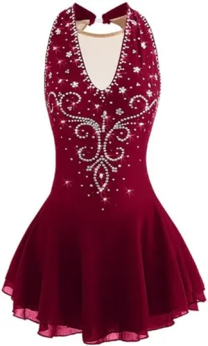 Figure Skating Dress for Women Girls Sleeveless Ice Skating Performance Skirt Ballet Gymnastics Costume Crystal