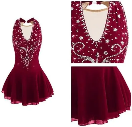 Figure Skating Dress for Women Girls Sleeveless Ice Skating Performance Skirt Ballet Gymnastics Costume Crystal