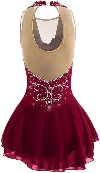 Figure Skating Dress for Women Girls Sleeveless Ice Skating Performance Skirt Ballet Gymnastics Costume Crystal