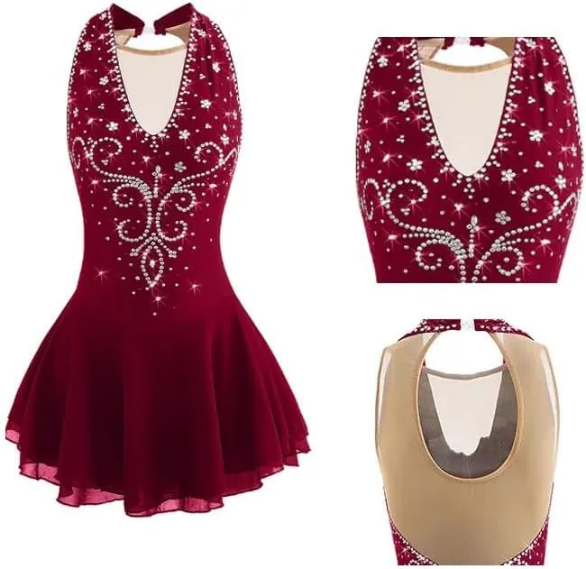 Figure Skating Dress for Women Girls Sleeveless Ice Skating Performance Skirt Ballet Gymnastics Costume Crystal