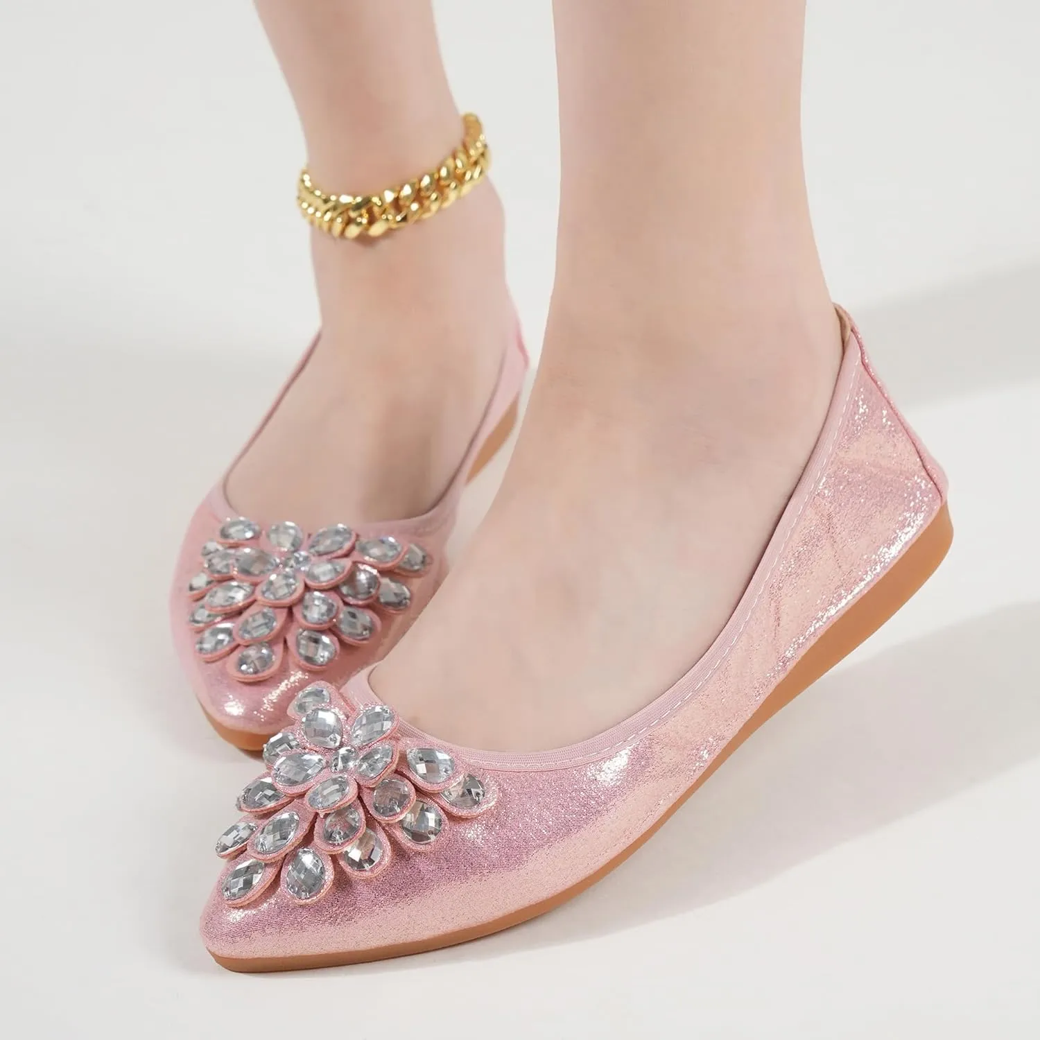 Flats Shoes for Women Rhinestone Wedding Ballerina Shoes Foldable Sparkly Comfort Slip on Flat Dressy Flats