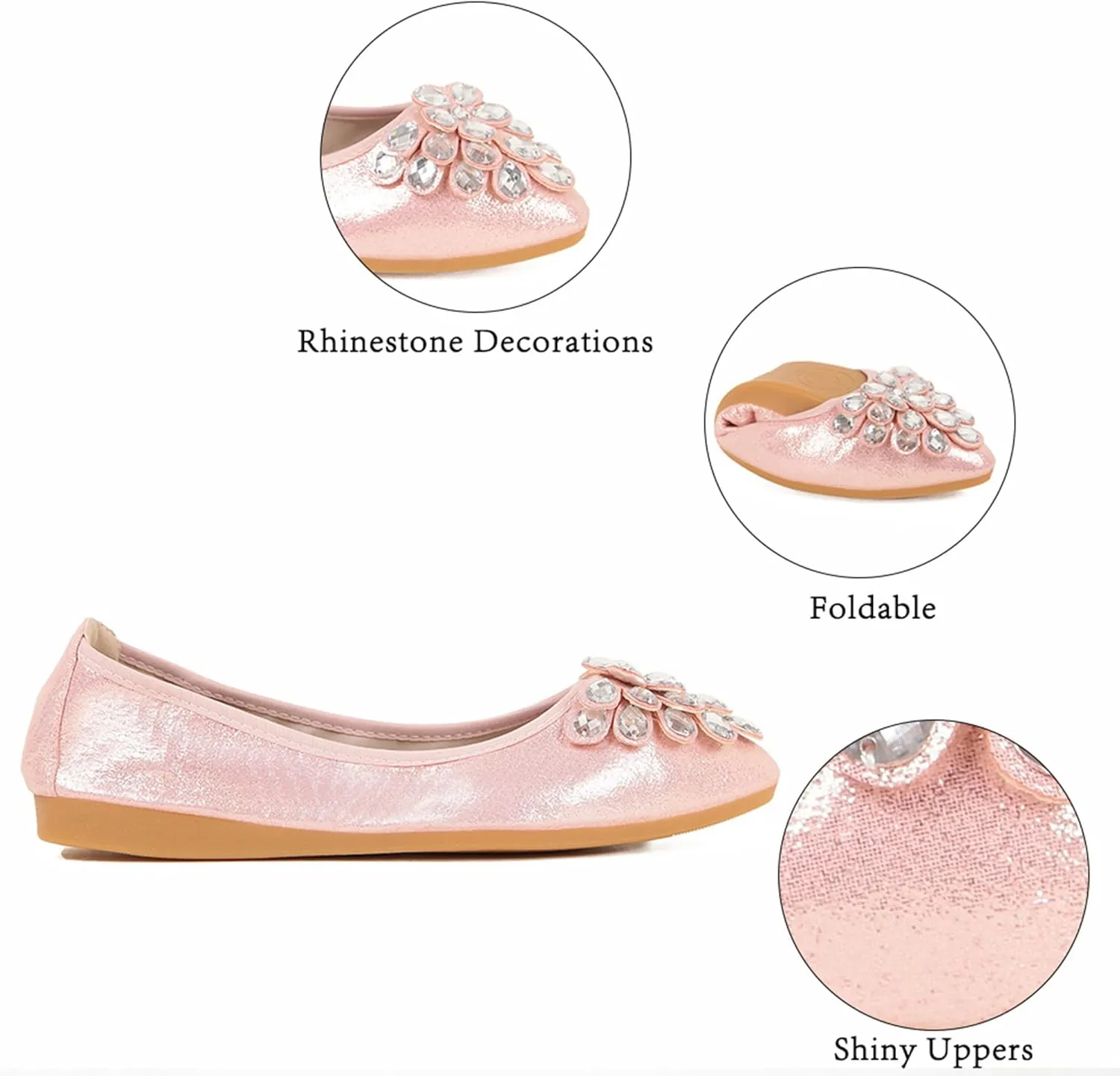 Flats Shoes for Women Rhinestone Wedding Ballerina Shoes Foldable Sparkly Comfort Slip on Flat Dressy Flats