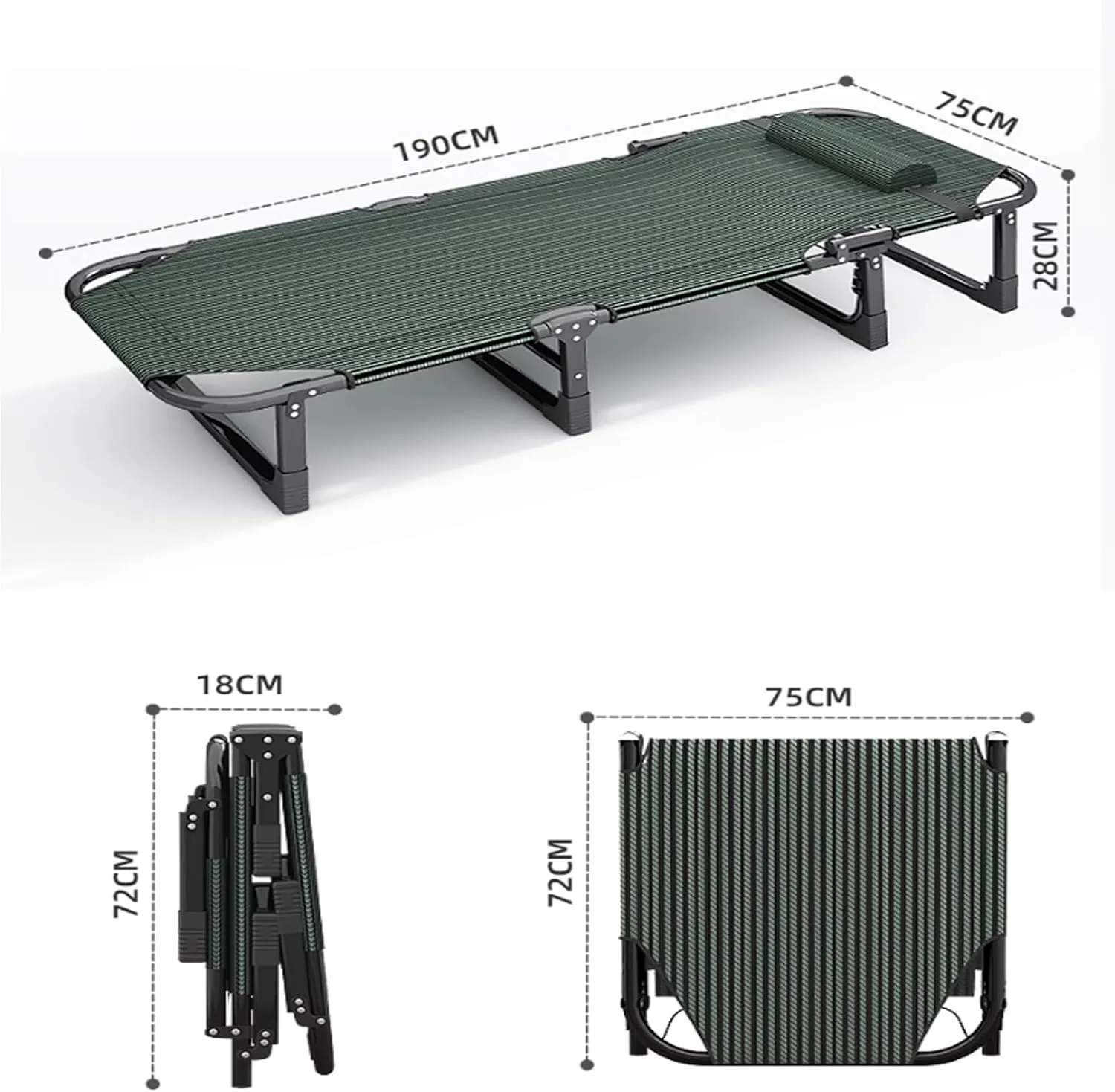 Foldable Bed with Pillow, Multi Use Fold Up Bed with Adjustable 4-Positions Portable Bed for Adults Lightweight Camping Cot for Home, Office Outdoor, Capable of Bearing Up to 160kg(190 * 75 * 28cm)