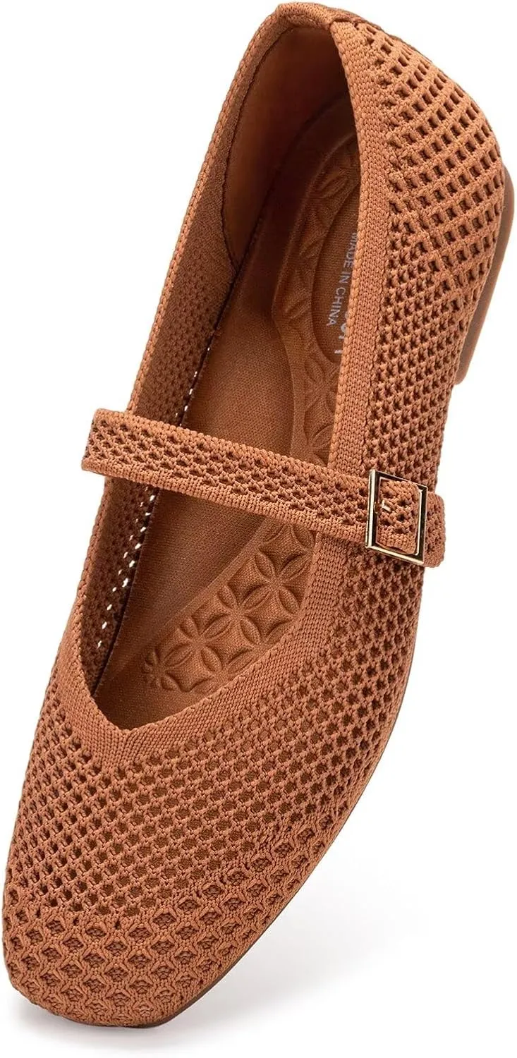 Frank Mully Womens Casual Flat Shoes Square Toe Shoes Knitted Mesh Flat Comfort Work Flat Shoes for Daily Washable