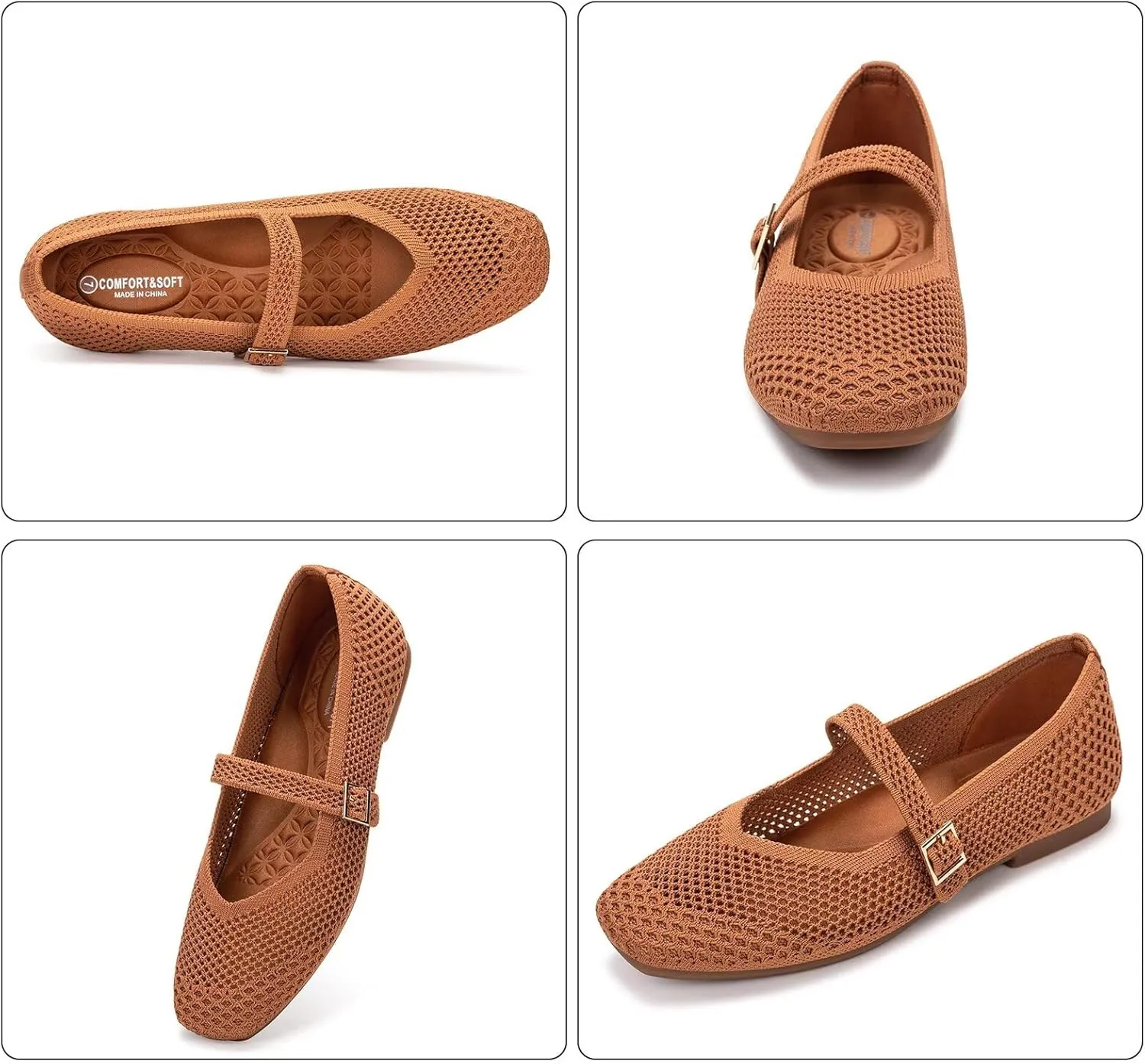 Frank Mully Womens Casual Flat Shoes Square Toe Shoes Knitted Mesh Flat Comfort Work Flat Shoes for Daily Washable