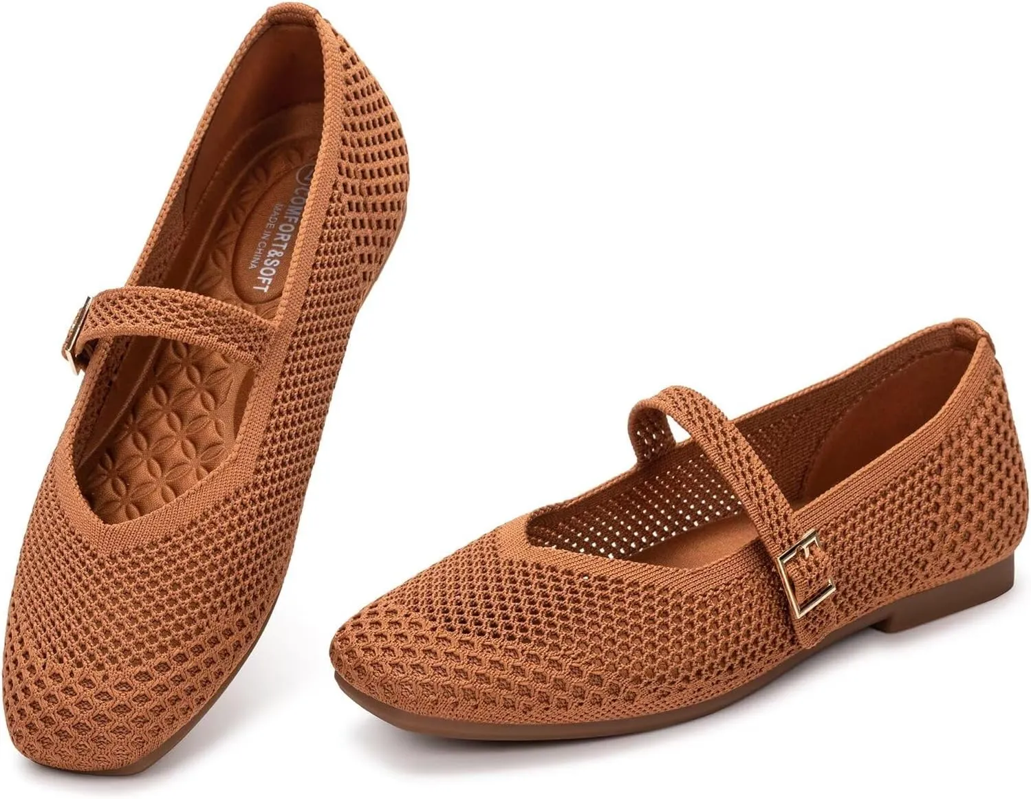 Frank Mully Womens Casual Flat Shoes Square Toe Shoes Knitted Mesh Flat Comfort Work Flat Shoes for Daily Washable