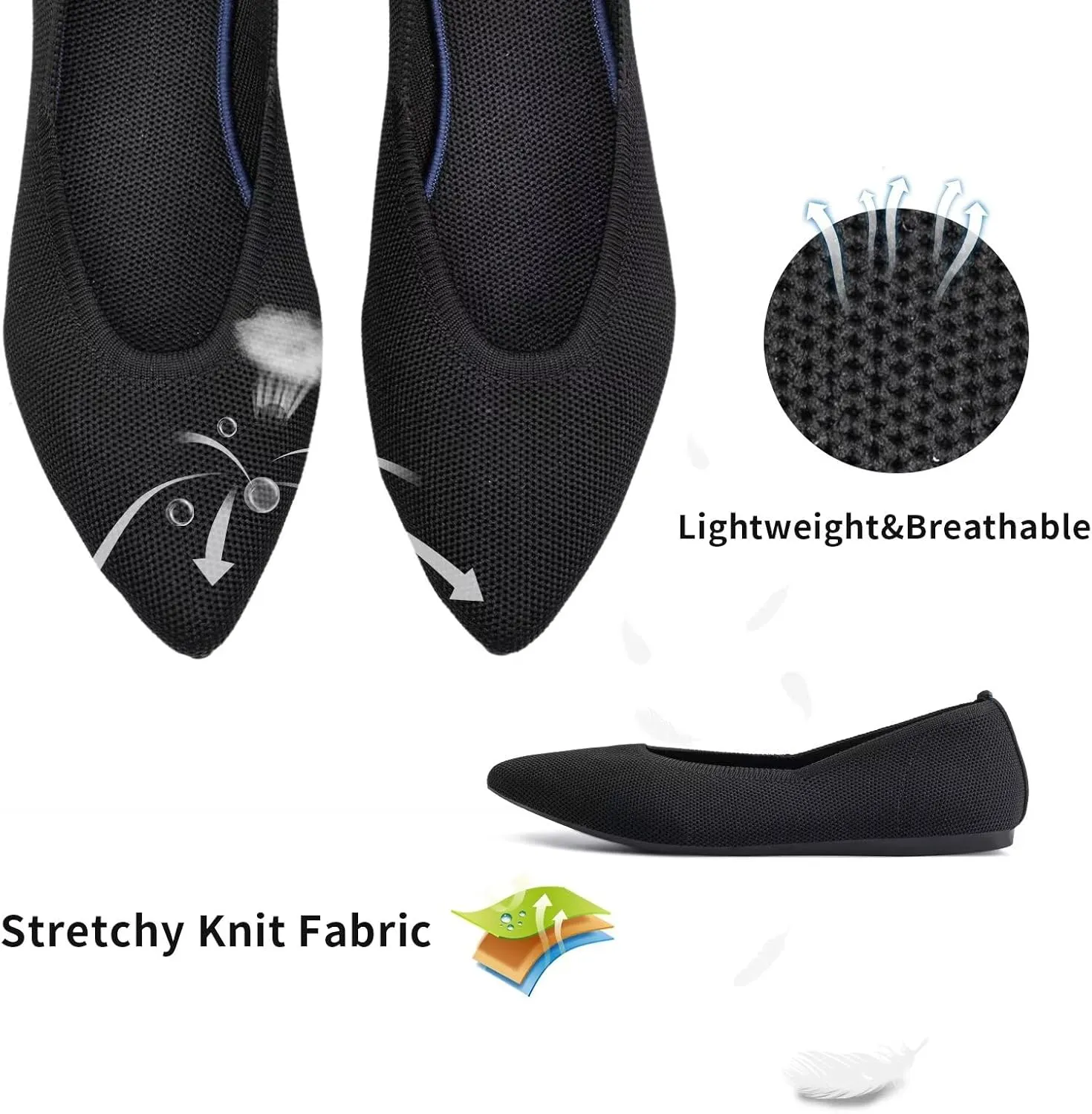 Frank Mully Womens Pointed Toe Flats Knit Dress Shoes Comfort Women Shoes Slip On Shoes for Woman Classic Softable Shoes Low Wedge