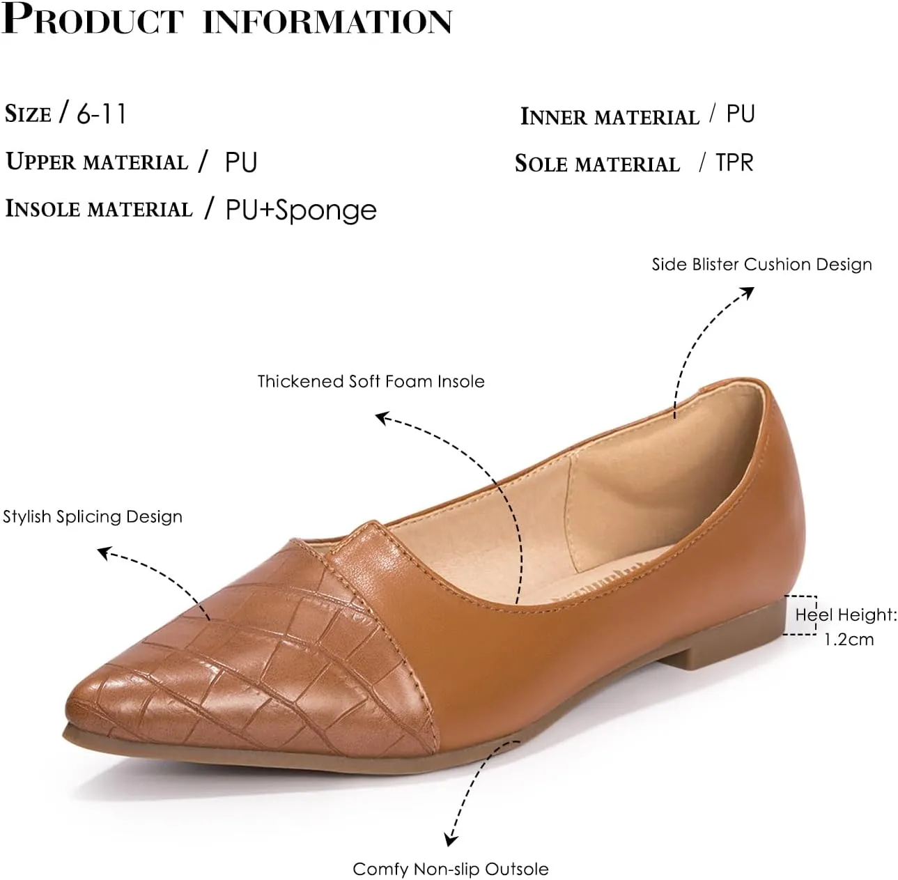 FUNKYMONKEY Black Flats Shoes for Women, Comfort Pointed Toe Slip On Work Shoes