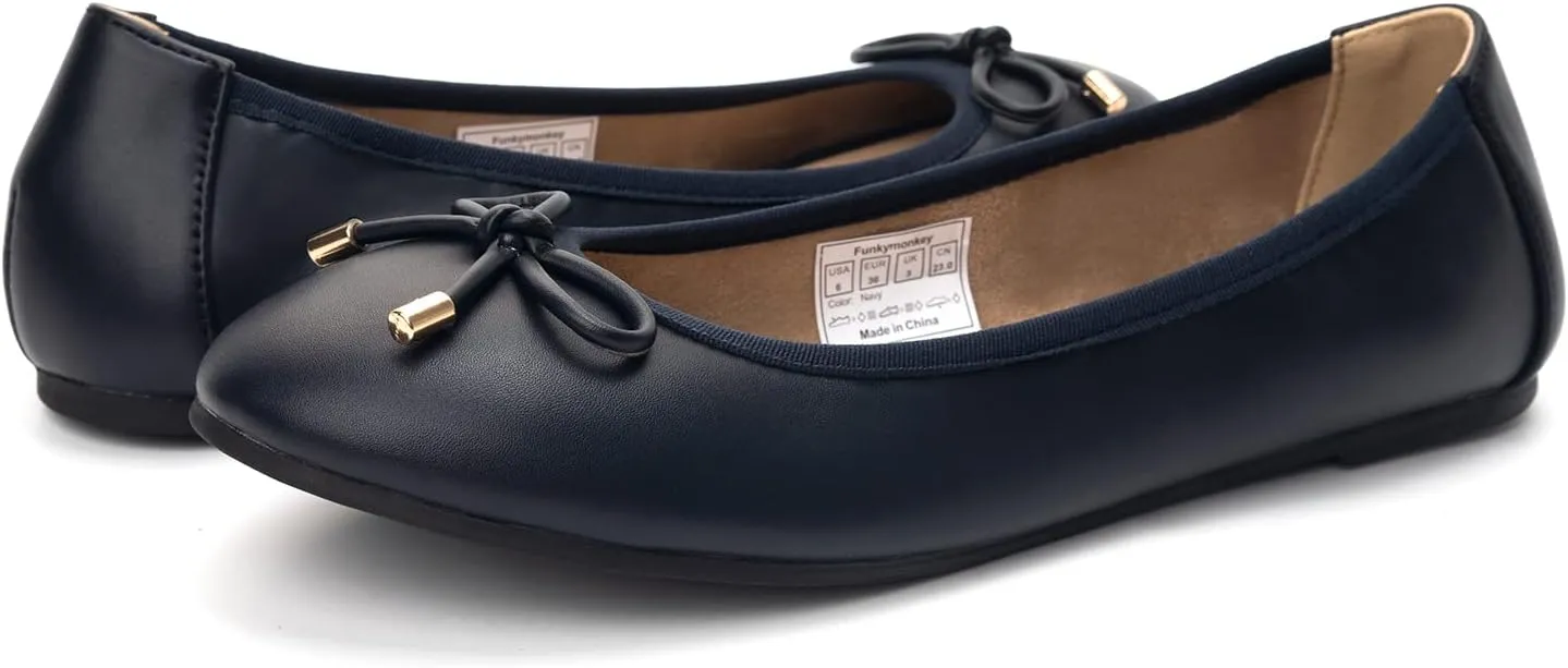 FUNKYMONKEY Women's Ballet Flats Dress Casual Slip-on Bow Round Toe Walking Shoes