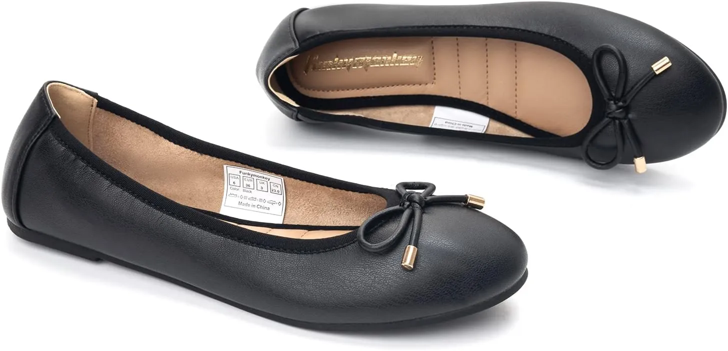 FUNKYMONKEY Women's Ballet Flats Dress Casual Slip-on Bow Round Toe Walking Shoes