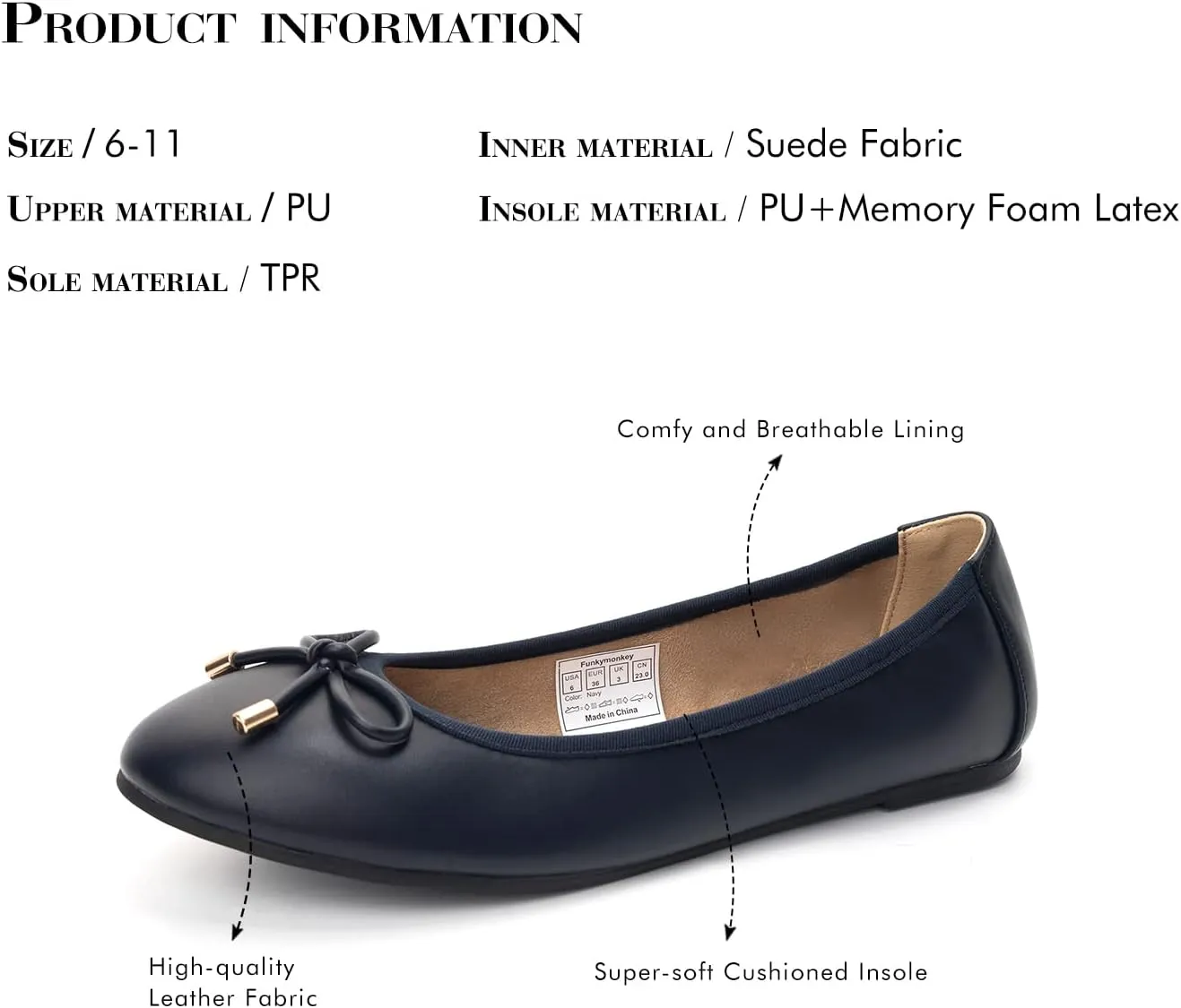 FUNKYMONKEY Women's Ballet Flats Dress Casual Slip-on Bow Round Toe Walking Shoes