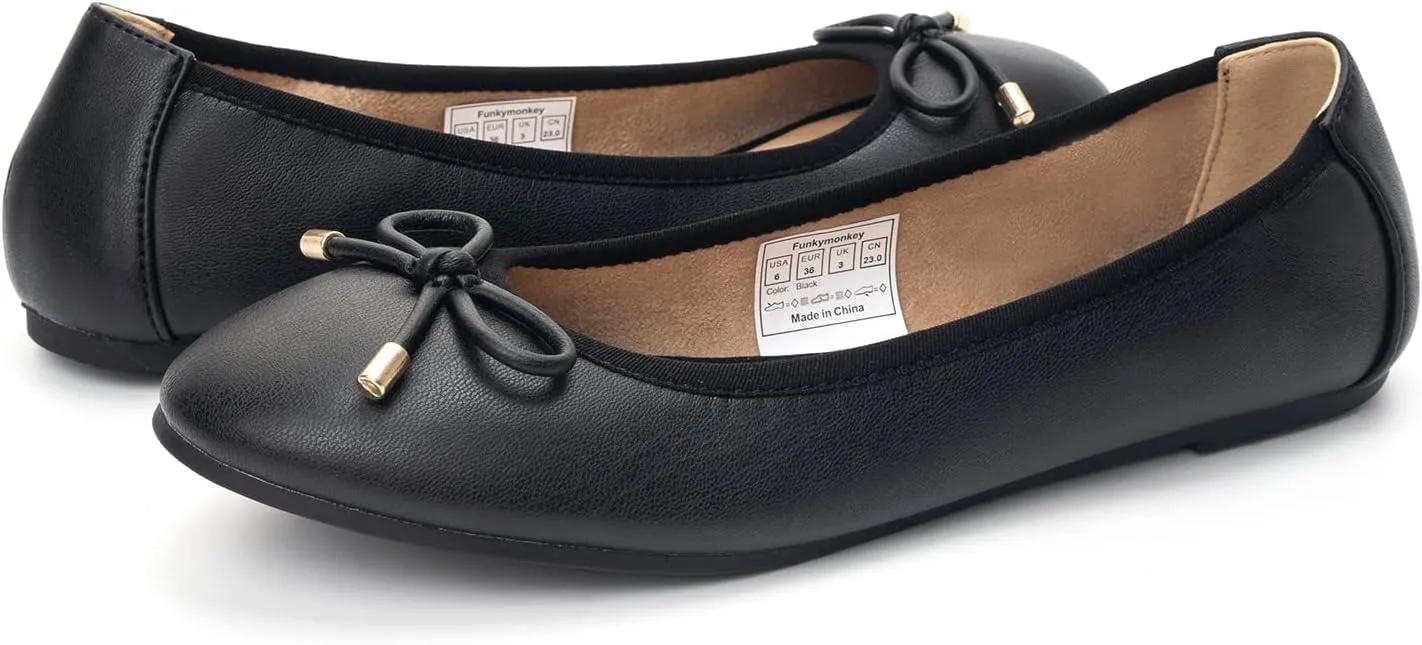 FUNKYMONKEY Women's Ballet Flats Dress Casual Slip-on Bow Round Toe Walking Shoes