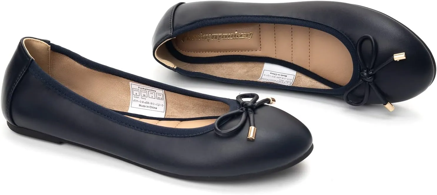 FUNKYMONKEY Women's Ballet Flats Dress Casual Slip-on Bow Round Toe Walking Shoes