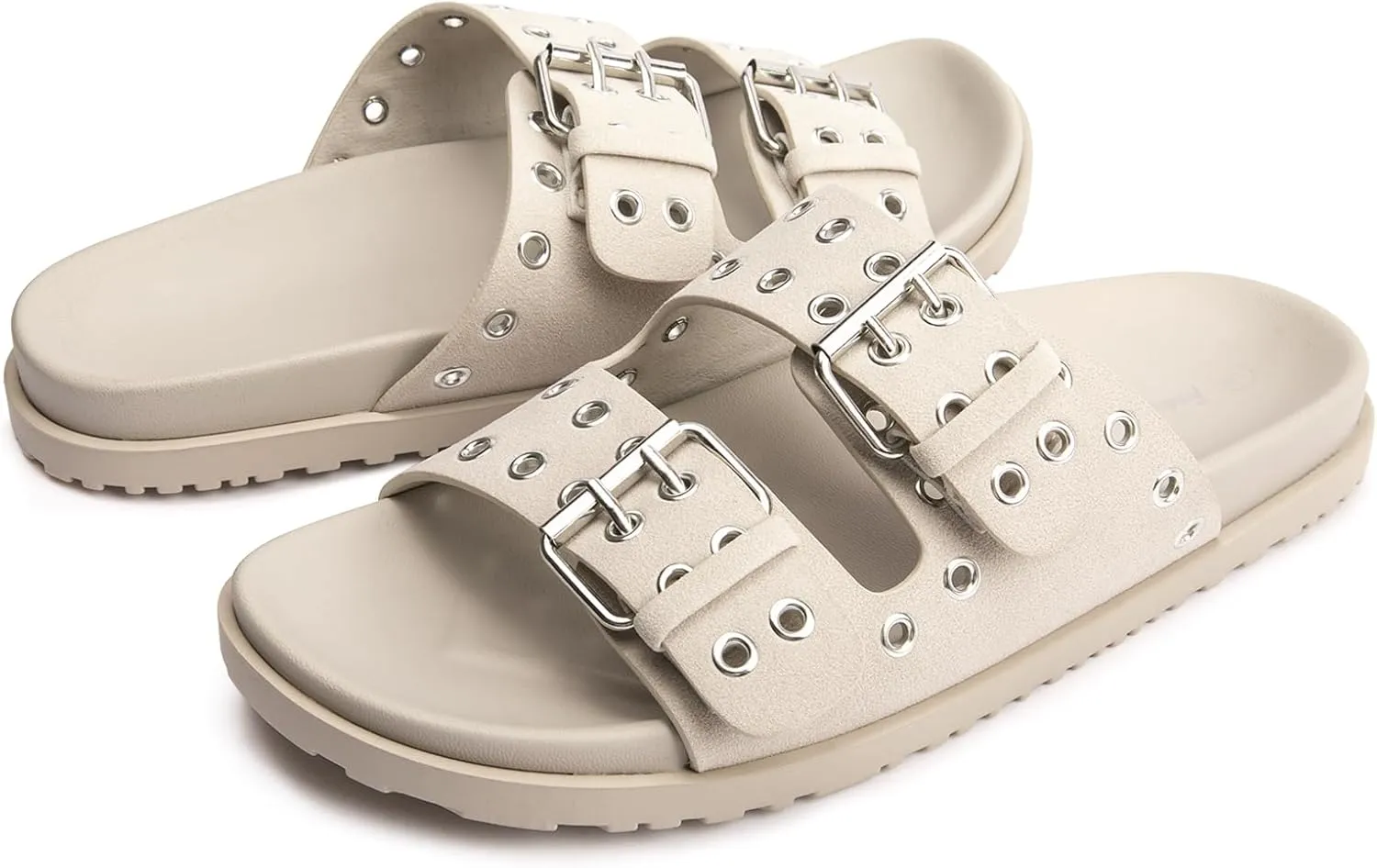 FUNKYMONKEY Women's Eyelets Adjustable Double Strap Slides Slip On Comfort Flat Sandals for Summer