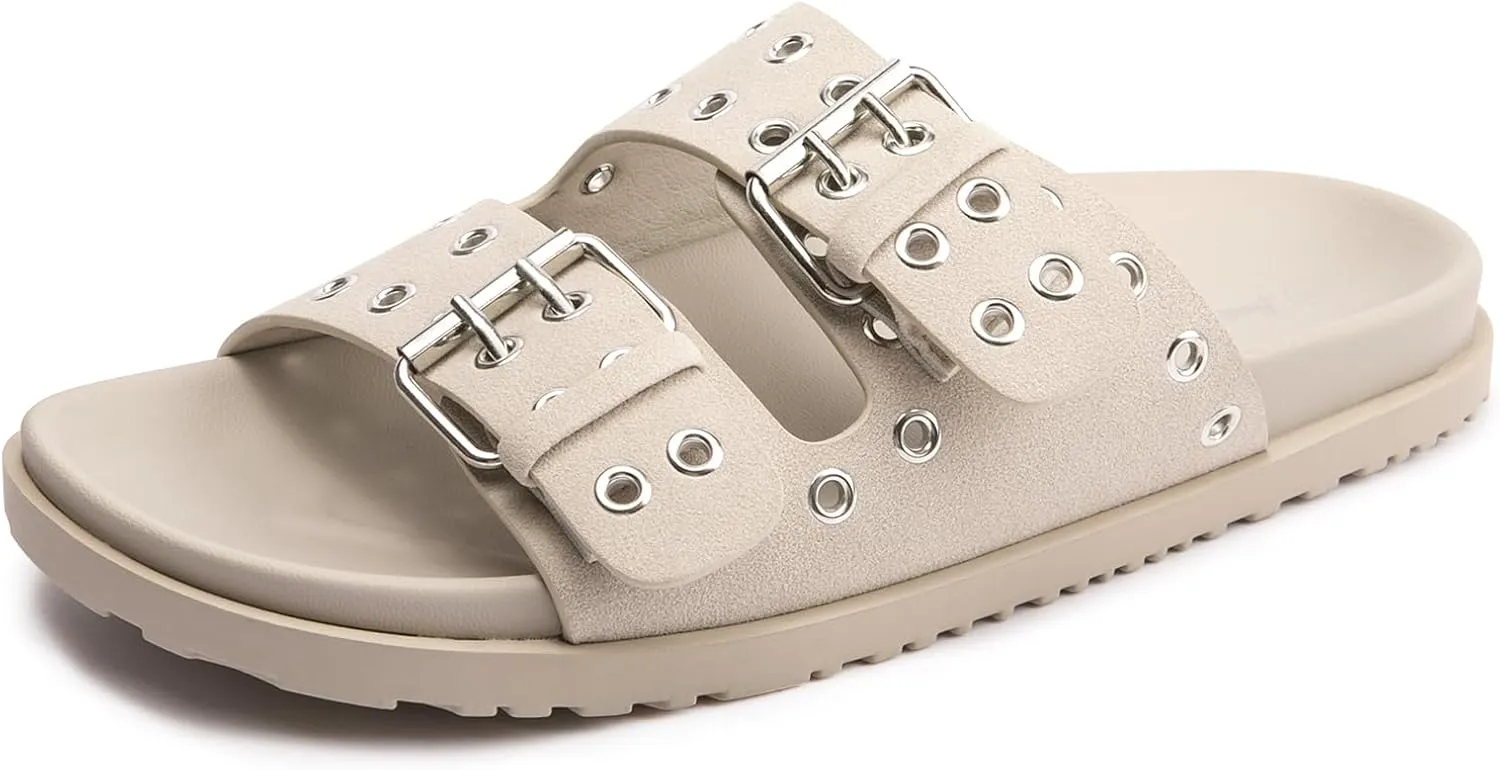 FUNKYMONKEY Women's Eyelets Adjustable Double Strap Slides Slip On Comfort Flat Sandals for Summer