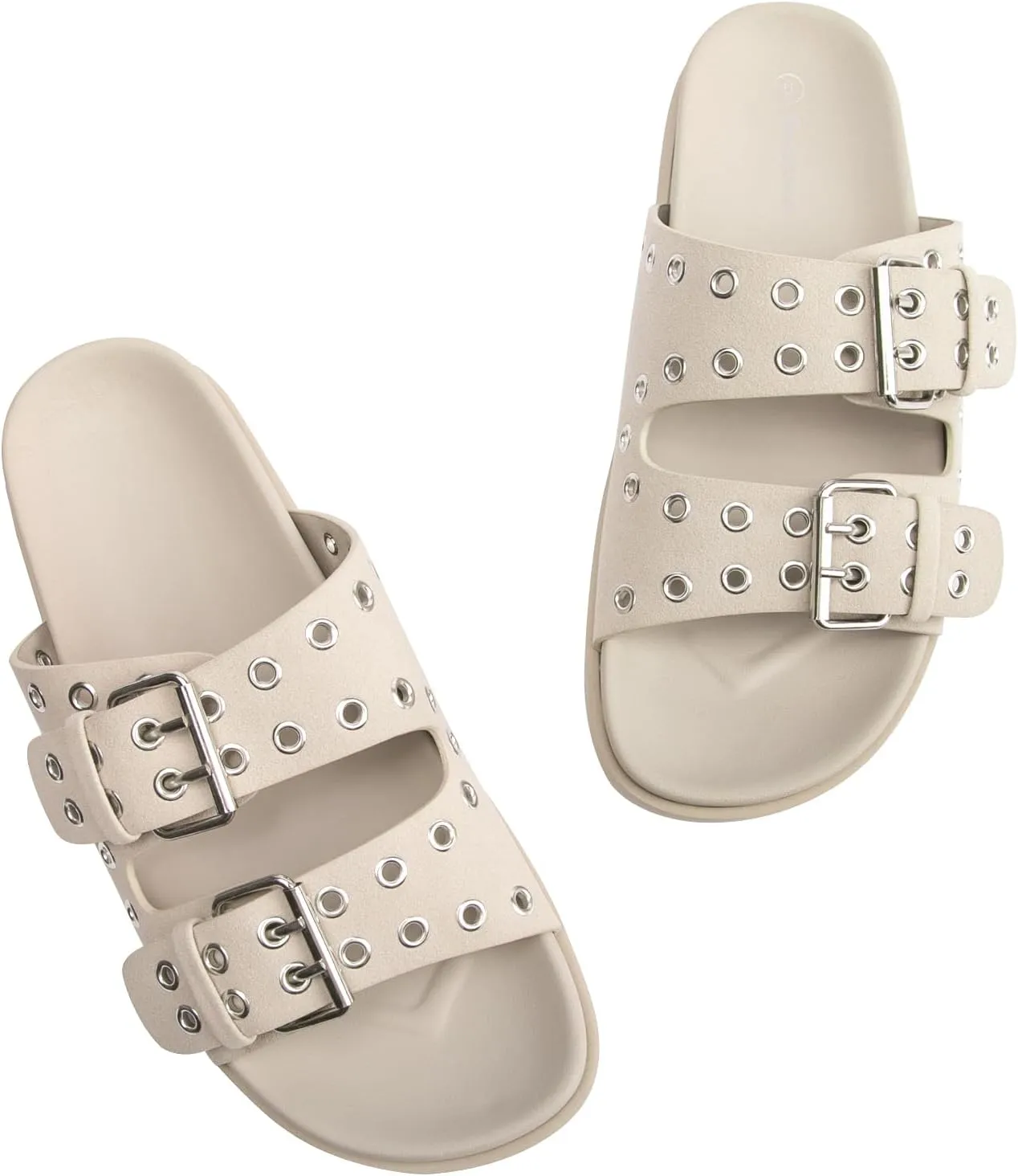 FUNKYMONKEY Women's Eyelets Adjustable Double Strap Slides Slip On Comfort Flat Sandals for Summer