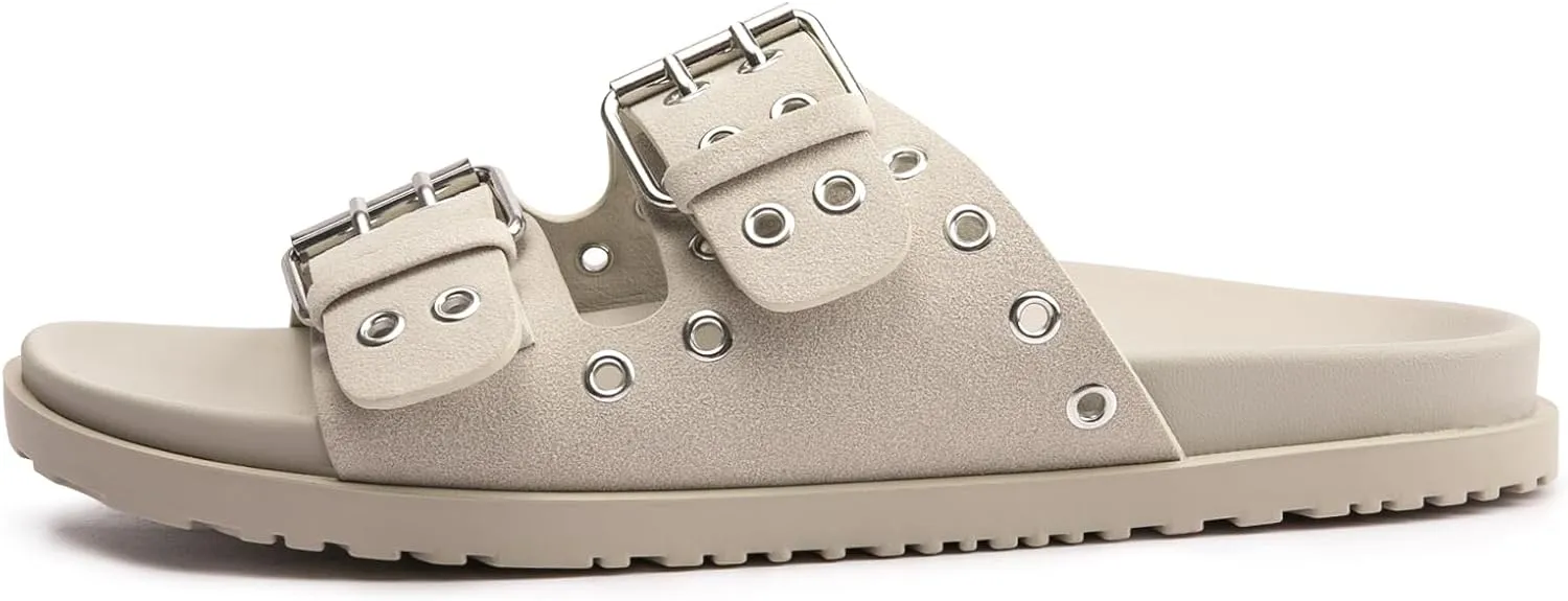 FUNKYMONKEY Women's Eyelets Adjustable Double Strap Slides Slip On Comfort Flat Sandals for Summer