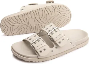 FUNKYMONKEY Women's Eyelets Adjustable Double Strap Slides Slip On Comfort Flat Sandals for Summer