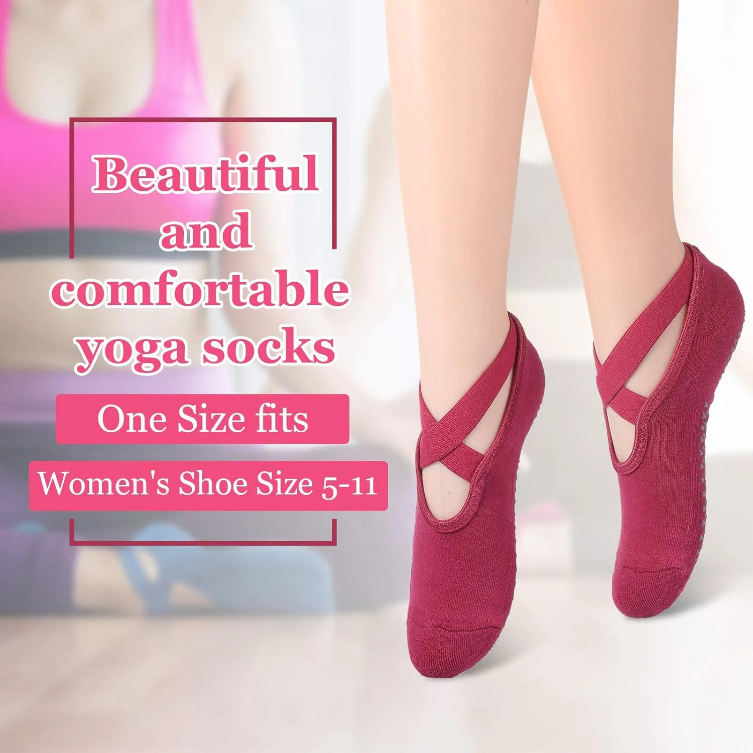 Geyoga 6 Pairs Pilates Socks for Women Barre Yoga Ballet Non-slip Socks with Grip Straps for Barefoot Workout