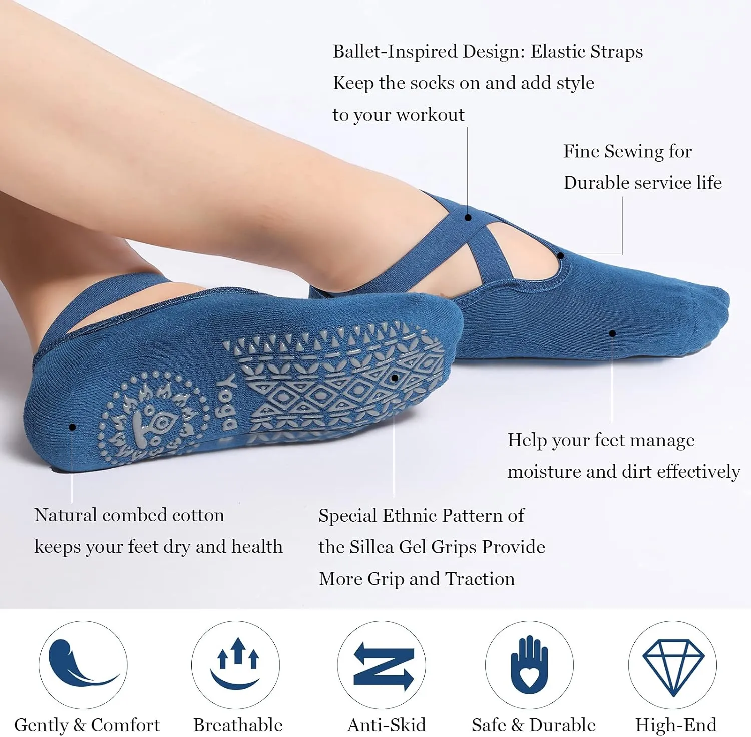 Geyoga 6 Pairs Pilates Socks for Women Barre Yoga Ballet Non-slip Socks with Grip Straps for Barefoot Workout