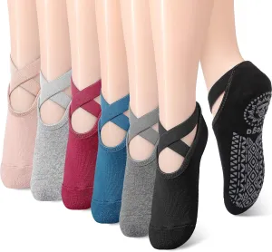 Geyoga 6 Pairs Pilates Socks for Women Barre Yoga Ballet Non-slip Socks with Grip Straps for Barefoot Workout