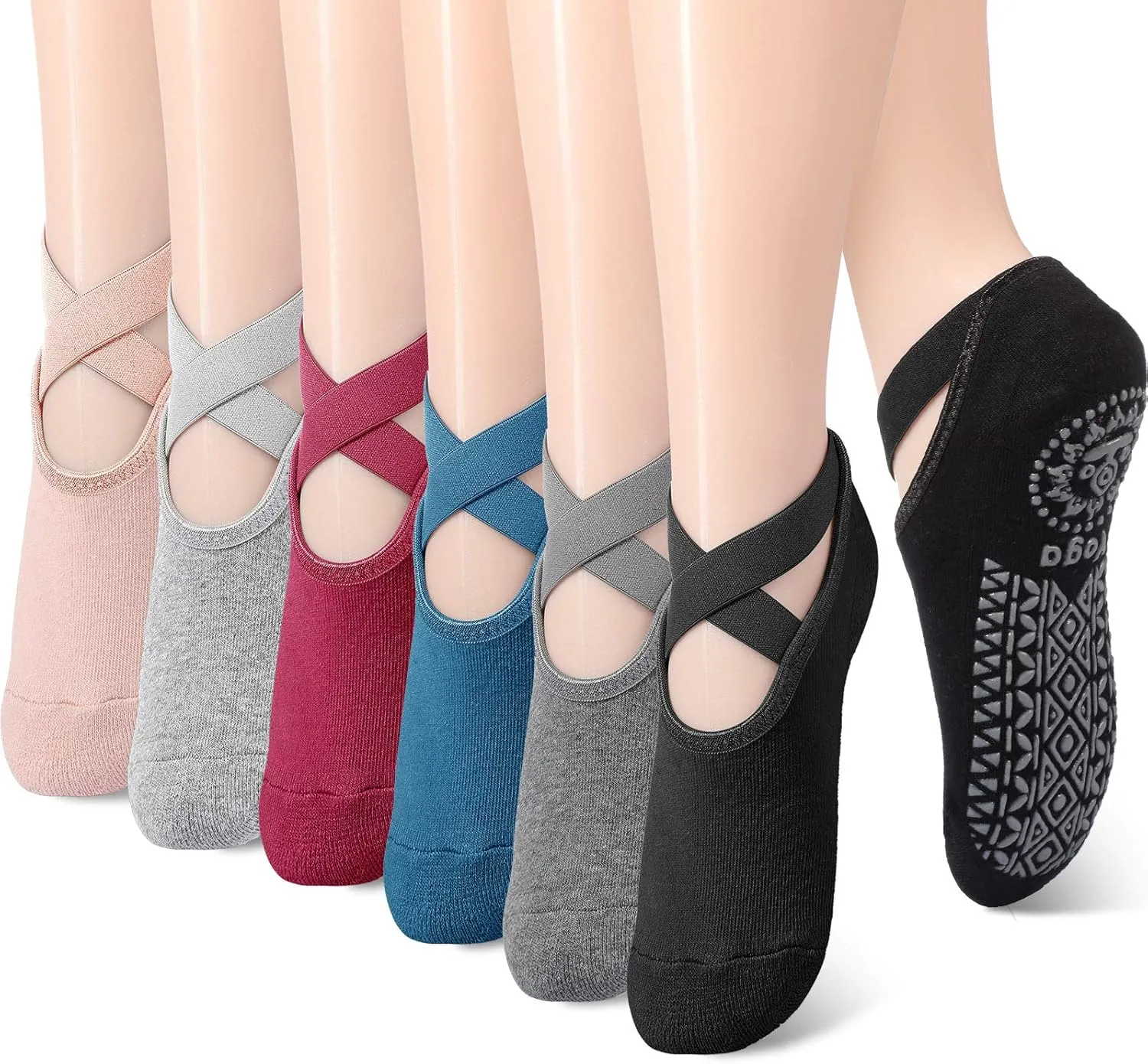 Geyoga 6 Pairs Pilates Socks for Women Barre Yoga Ballet Non-slip Socks with Grip Straps for Barefoot Workout