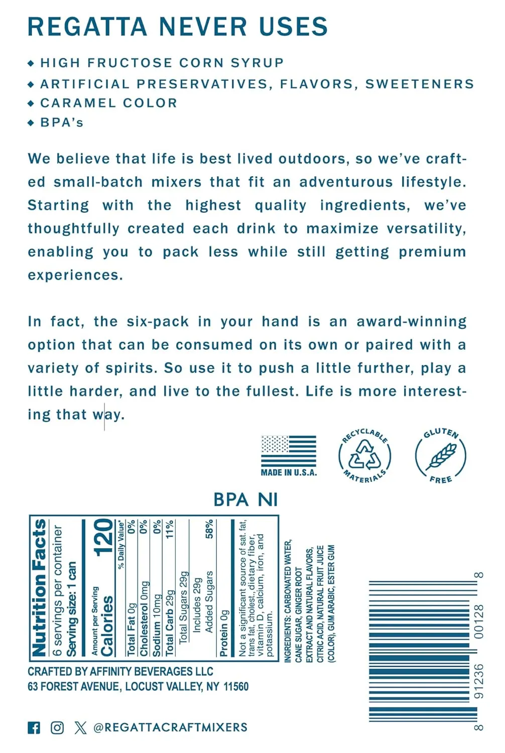 Ginger Beer, Regatta Craft Mixers, Premium Ginger Beer, All-Natural Ingredients, Non-GMO, 7.5oz, Case of 24 Sleek Cans
