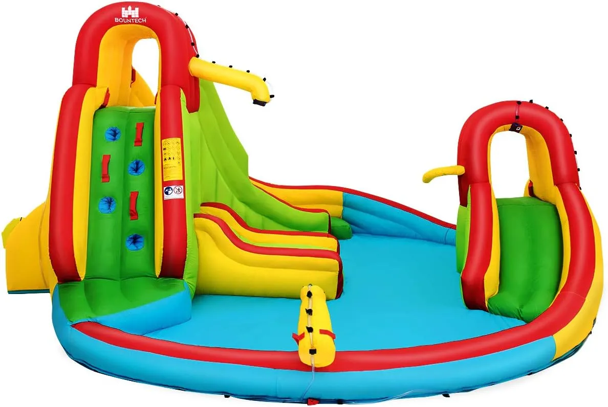 GLACER Inflatable Bounce House w/ 2 Slides, 2 Climbing Walls, Splash Pool, Water Cannon, Basketball Rim, Including Carrying Bag, Repair Kit, Water Slides for Backyard Lawn Park (Without Air Blower)