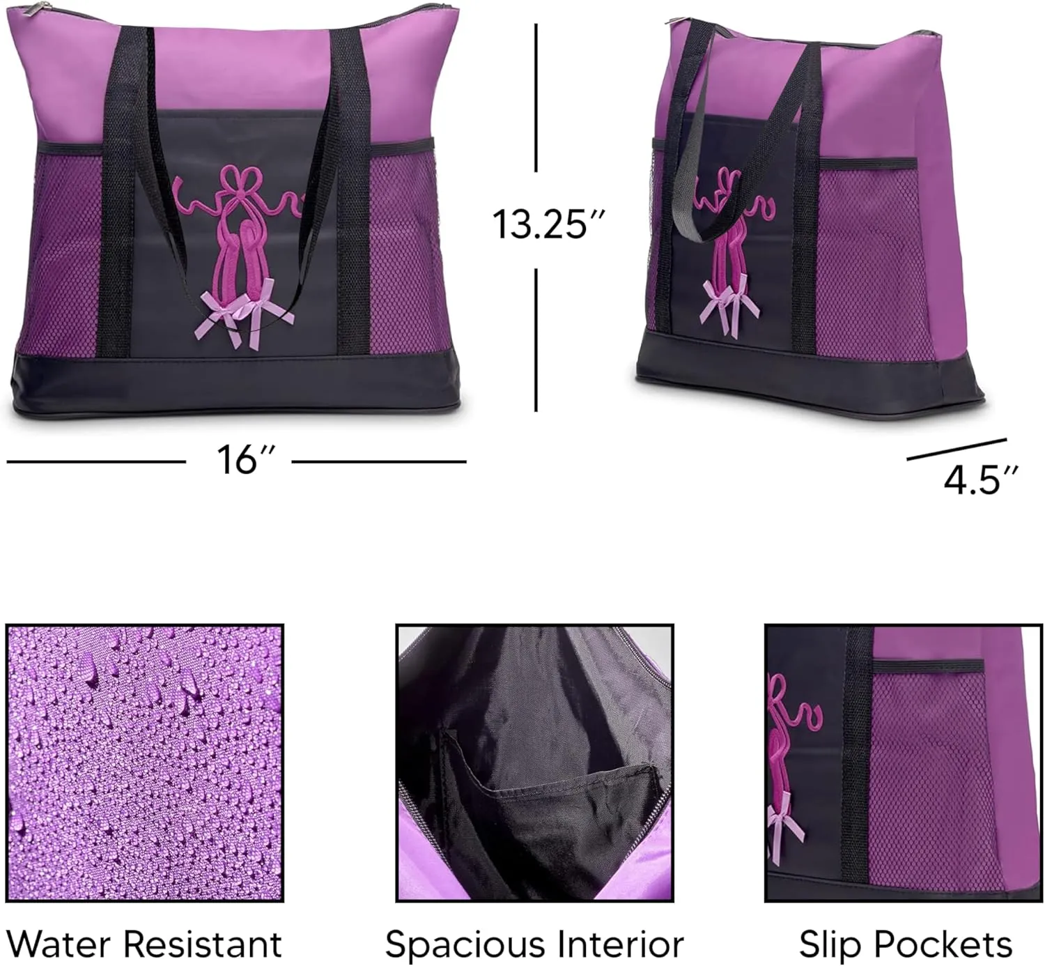 GLOBAL FBA INC Embroidered Dance Ballet Slippers Tote Bag, Kids Travel Bag, Dance Accessories For Girls and Teens